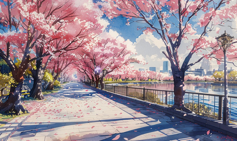 Illustration style manga de cerisiers en fleur en ville - généré par IA