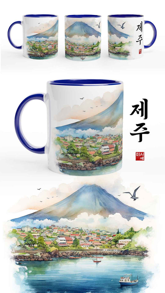 Mug bleu avec une aquarelle de l'île de Jeju