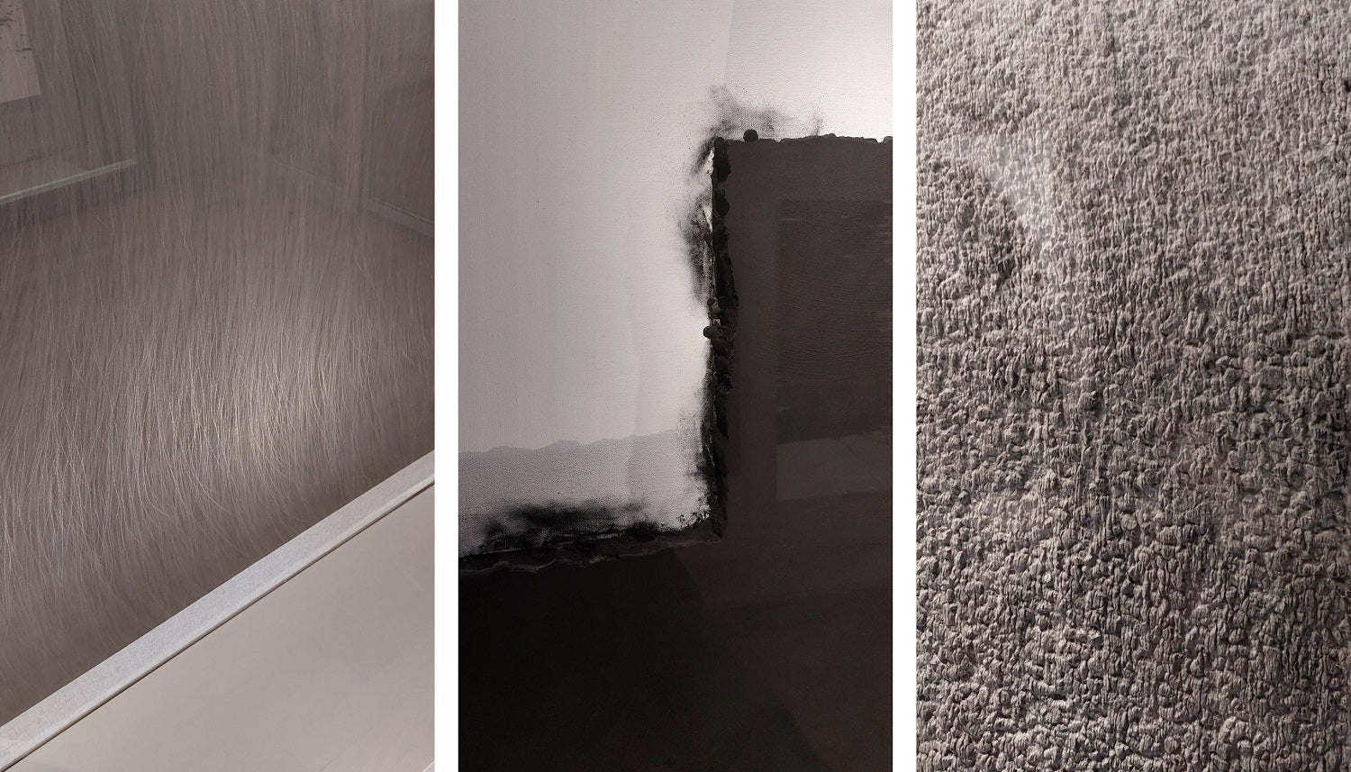 De gauche à droite, détail de trois photos d'oeuvres exposées  : "Cheveux" de Yoo Hye-Sook de 2003, "Paysage – Pa 09" de Lee Bae de 2002 et "Sans titre" de Lee Jin Woo de 2016.
