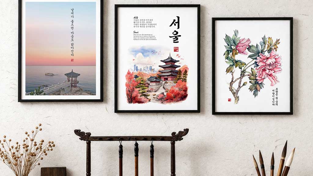 Illustration représentant 3 posters encadrés au mur de style coréen au dessus d'une table recouverte d'objets de calligraphie