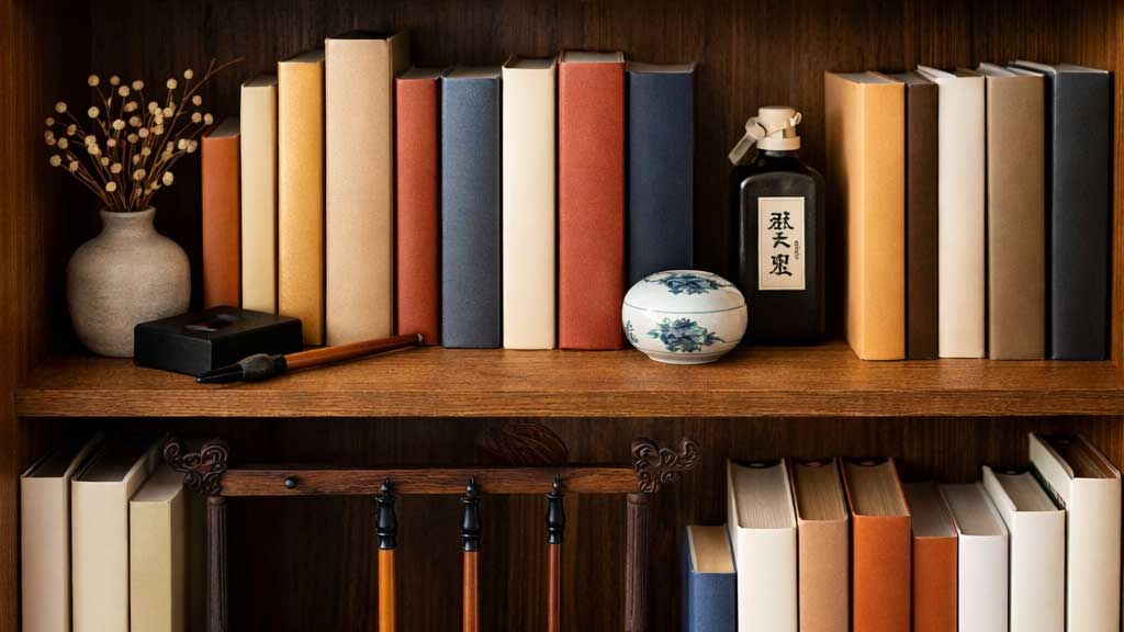 Illustration représentant une bibliothèque remplie de livres et d'objet de calligraphie