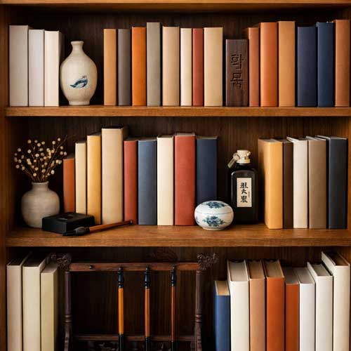 Illustration représentant une bibliothèque remplie de livres et d'objet de calligraphie
