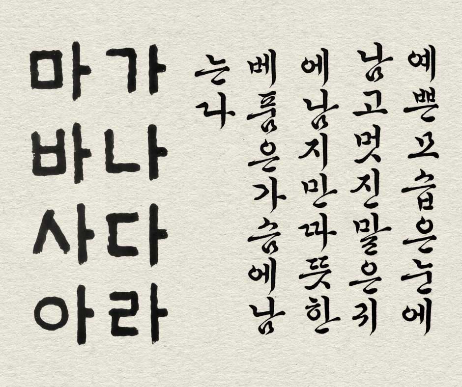 Image comparative de deux styles de calligraphie coréenne Hangeul. À gauche, des caractères épais et carrés (style Panbon-che). À droite, une écriture cursive, liée et penchée avec des traits fins (style Gung-che).