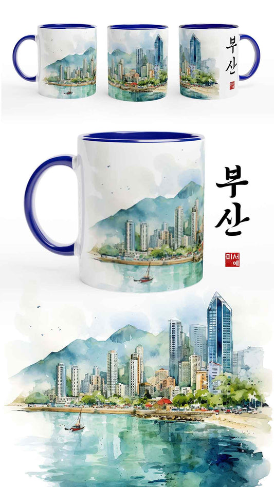 Mug bleu avec une aquarelle de la ville de Busan
