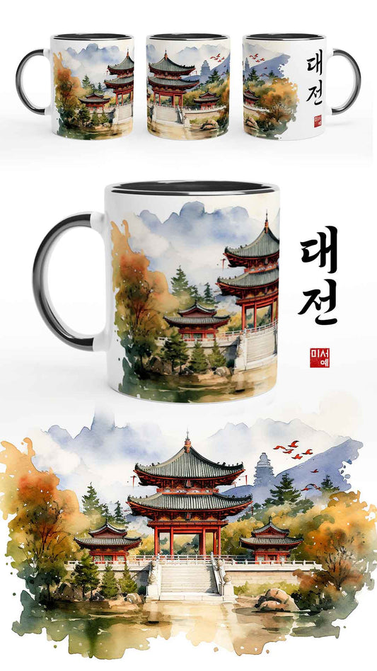 Mug noir avec une aquarelle de la ville de Daejeon