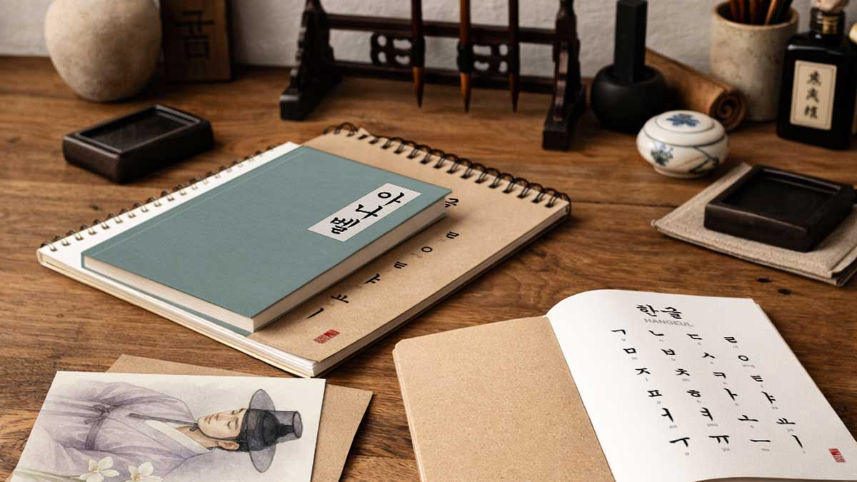 Illustration représentant des cahiers, bloc note, et accessoires de calligraphie sur une table en bois